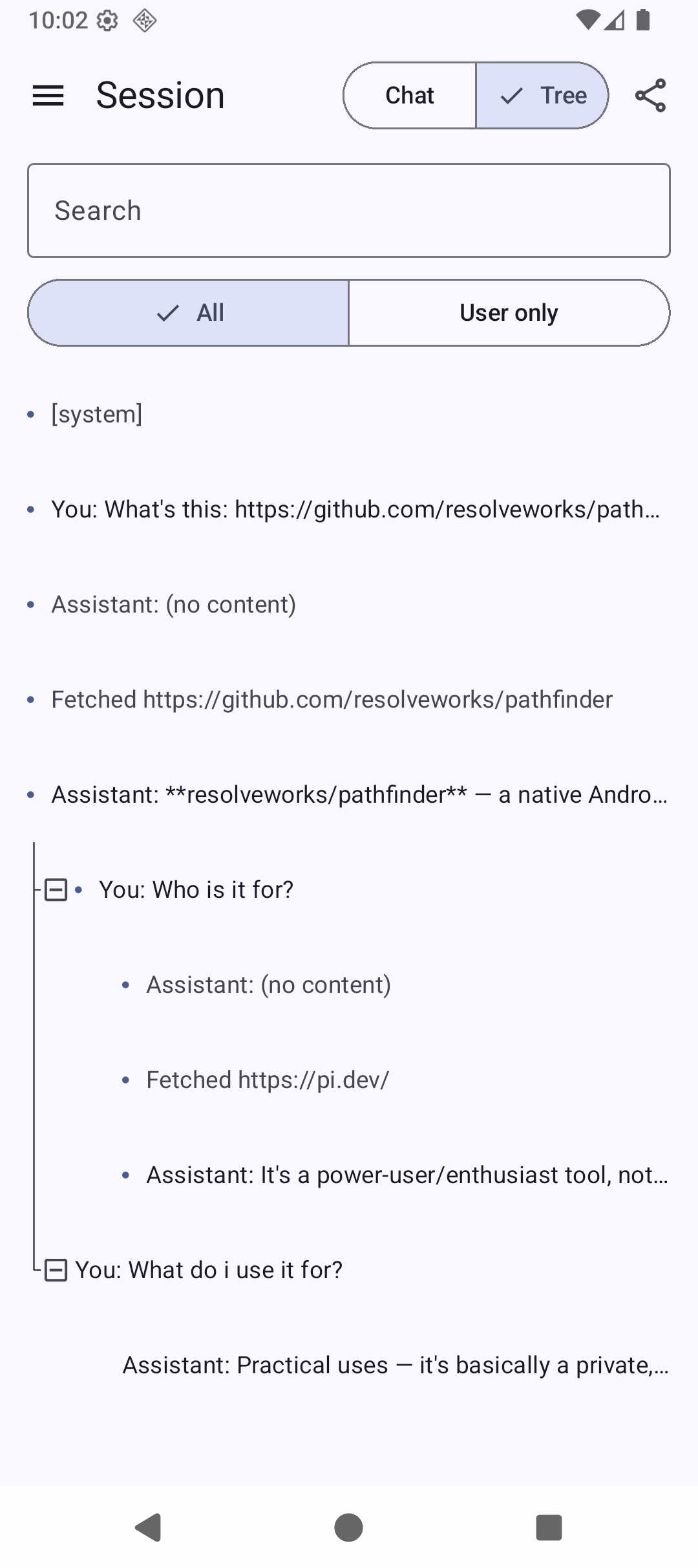 The session tree: the conversation's turns and branches, with search and a user-only filter.